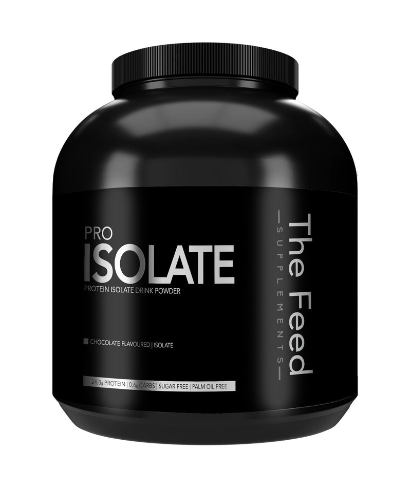 PRO ISOLATE chocolate-flavored protein isolate drink powder, providing 24.8g of protein per serving, made by The Feed Supplements, a trusted brand in sports nutrition. With 0.6g of carbs and no added sugar, it's an excellent choice for low-carb and ketogenic diets. 