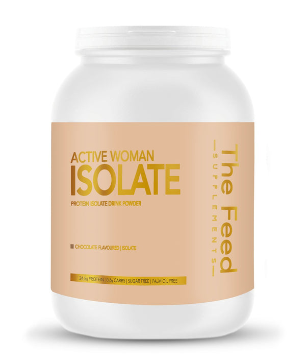 Active Woman Isolate chocolate protein powder with 24.8g protein per serving, 0.6g carbs, and no added sugar, by The Feed Supplements